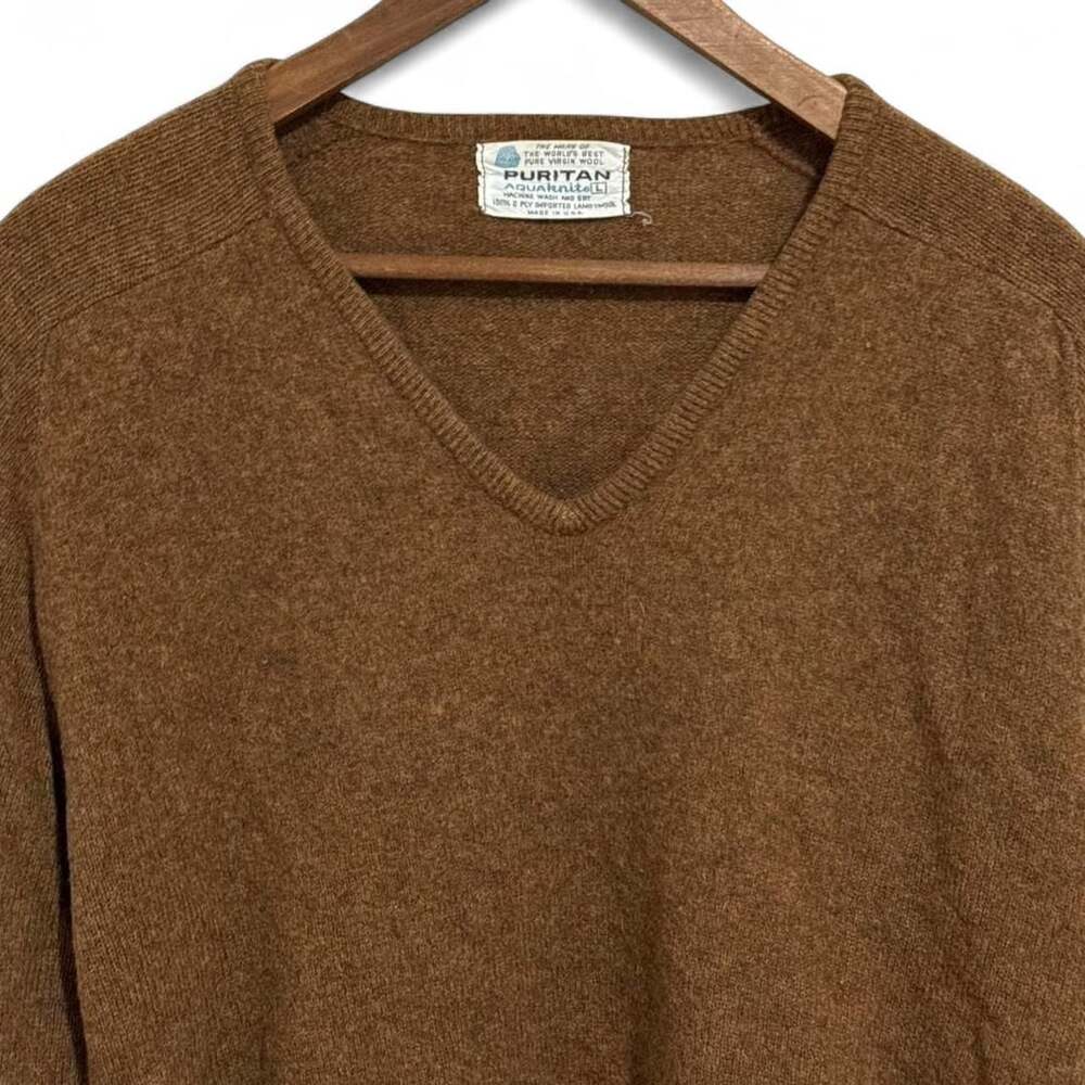 Vintage Puritan Aquaknit V-Neck Lambswool Sweater Brown Large